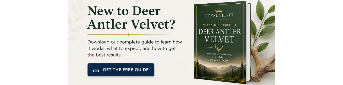 Banner DAV - Final Promotional banner offering a free guide about deer antler velvet, featuring a 'Get the Free Guide' button and a 3D book cover on the right.